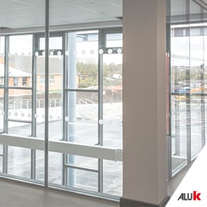 Curtain wall from the interior of the school building